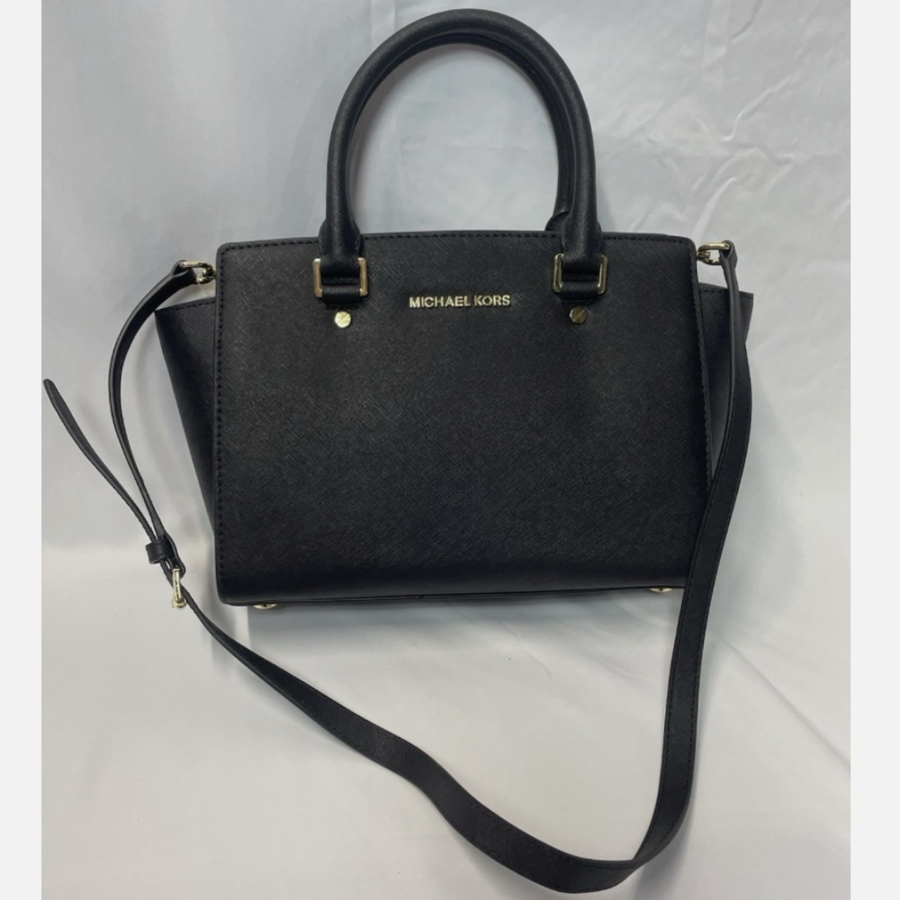 NEW Michael Kors Satchel Medium Size Handbag Crossbody Bag Black Leather/Gold - Picture 1 of 8